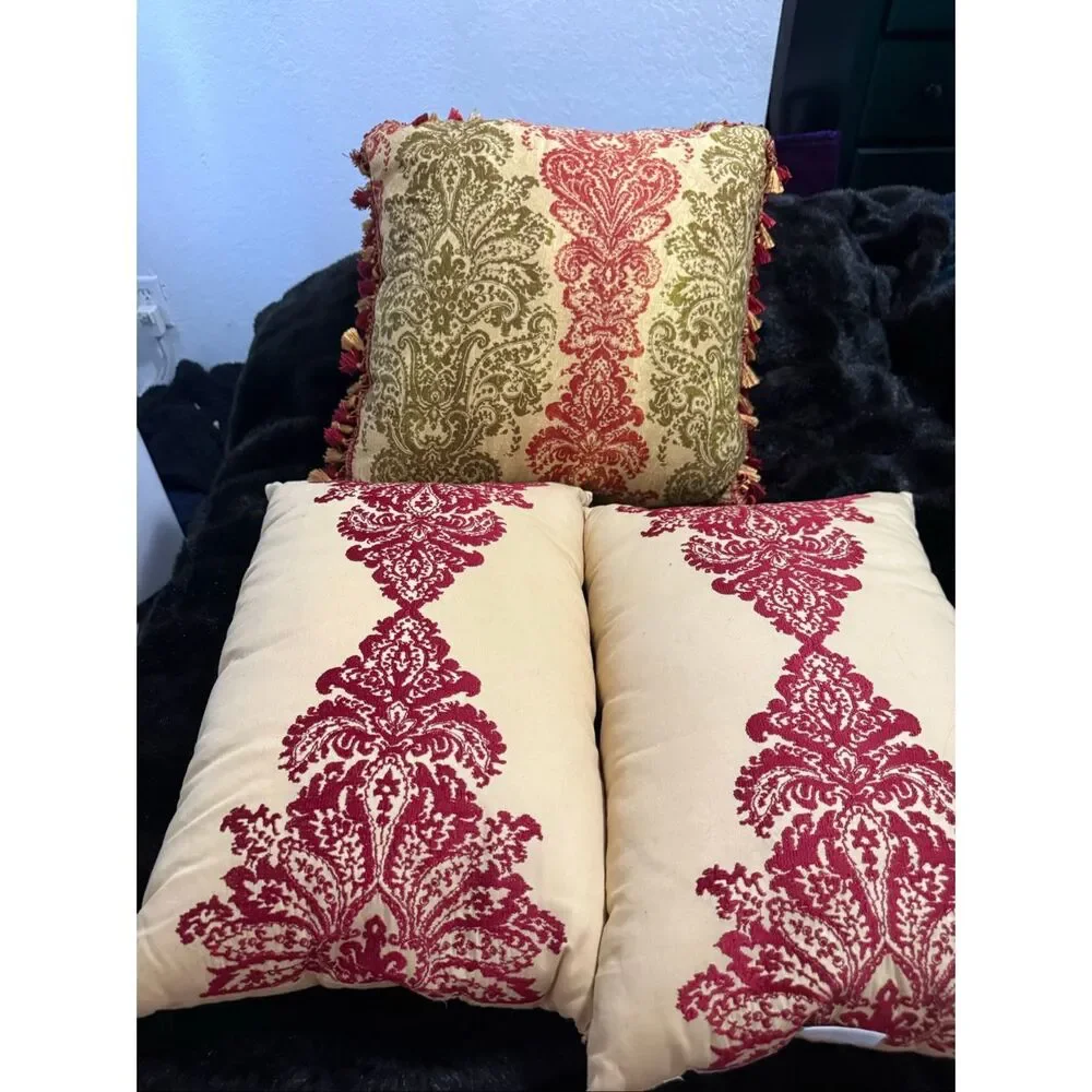 Set of 3 Burgundy and Cream Damask Pillows waverly fringe tassels